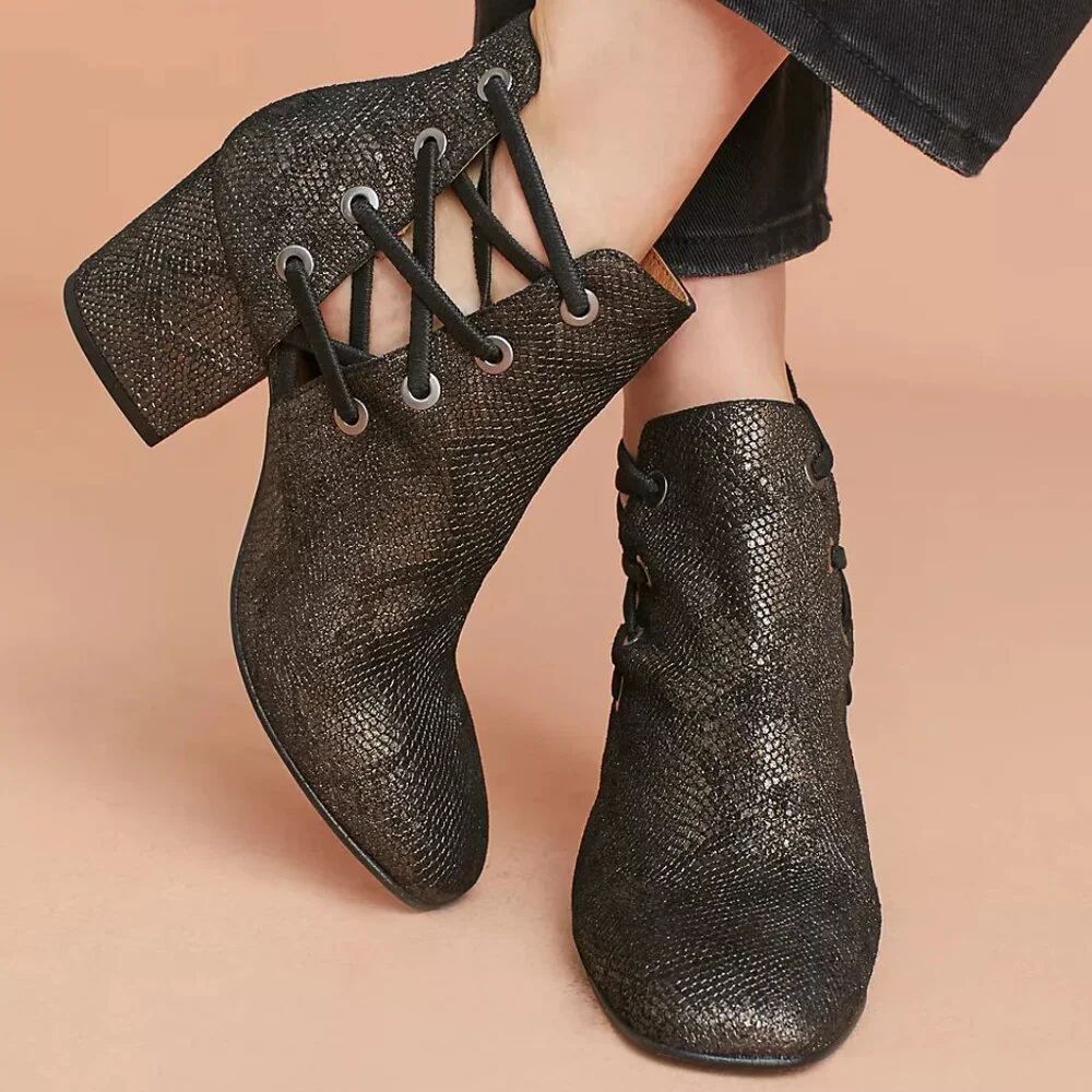 Hudson London Anthropologie Kris  Metallic Ankle Mid Chunky Heel Boots Bootie
